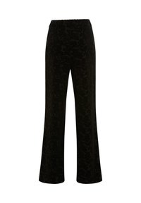 Schwarze weite Hosen mit einem strukturierten Blumenmuster, ausgestattet mit einem elastischen Bund und einem fließenden Design, gefertigt aus einem weichen Stoff.