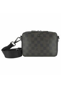 Borsa a tracolla in pelle checkered verde scuro e nera con texture, zip doppia, hardware metallico e tracolla removibile. Design rettangolare compatto.