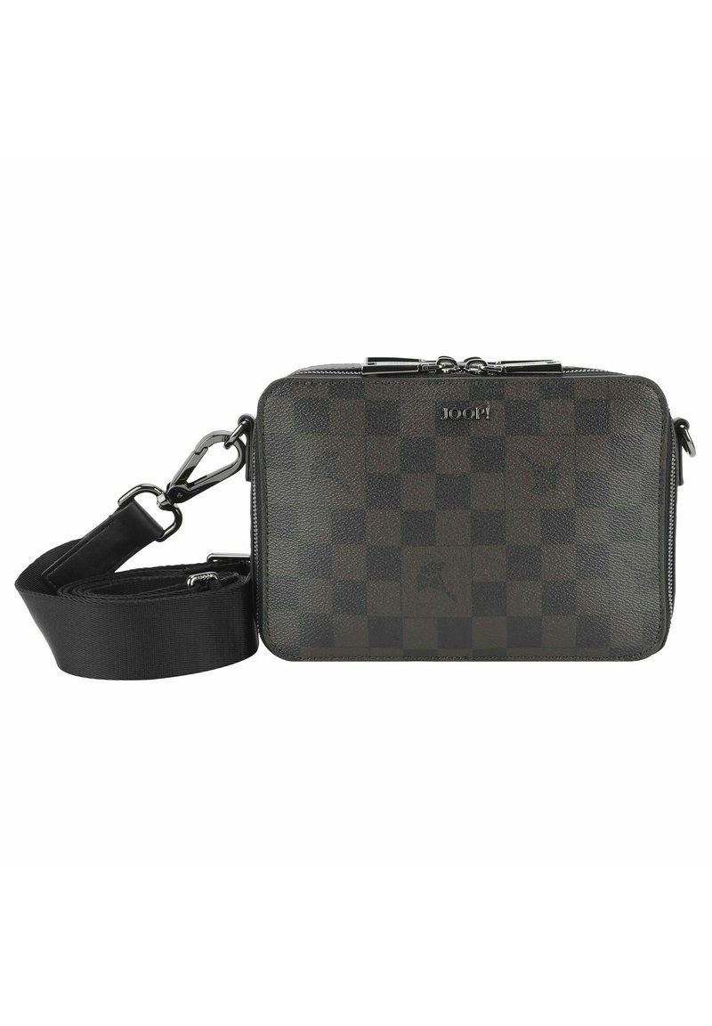 Borsa a tracolla in pelle checkered verde scuro e nera con texture, zip doppia, hardware metallico e tracolla removibile. Design rettangolare compatto.