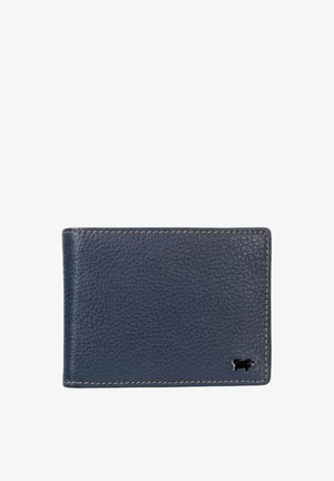 Portafoglio in pelle blu navy con cuciture beige e piccolo logo in metallo a forma di maiale nero nell'angolo in basso a destra.