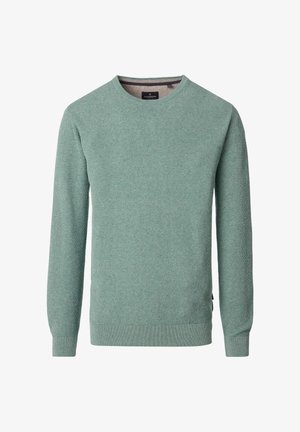 Pull vert clair en matière texturée, col rond, manches longues, poches côtelées aux poignets et à l'ourlet, avec une petite étiquette de marque sur le côté inférieur.