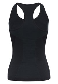 Débardeur de sport noir sans couture avec dos nageur et panneaux en tissu texturé pour la respirabilité et l'ajustement.