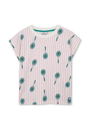 Wit kinderhemd met korte mouwen, voorzien van fijne roze verticale strepen en een patroon van groene tennisrackets verspreid over de stof.