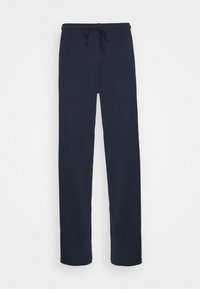 Mørkeblå sweatpants med snøre i taljen, lavet af blødt, glat stof; har lige ben og ingen synlige mønstre eller accenter.