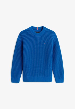 Heldblau gebreide trui met een geribde textuur, ronde hals en lange mouwen. Bevat een klein logo op de borst en een gestreepte accentedetail binnen de kraag.
