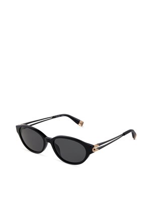 Lunettes de soleil noires en forme d’œil de chat avec verres foncés et fines branches noires présentant des accents dorés sur les charnières et les extrémités.