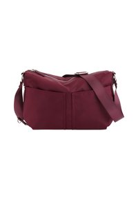 Bordeauxfarbene Nylon-Crossbody-Tasche mit zwei Fronttaschen, einem Reißverschluss und einem verstellbaren Riemen. Glatte Textur mit verstärkten Nähdetails.