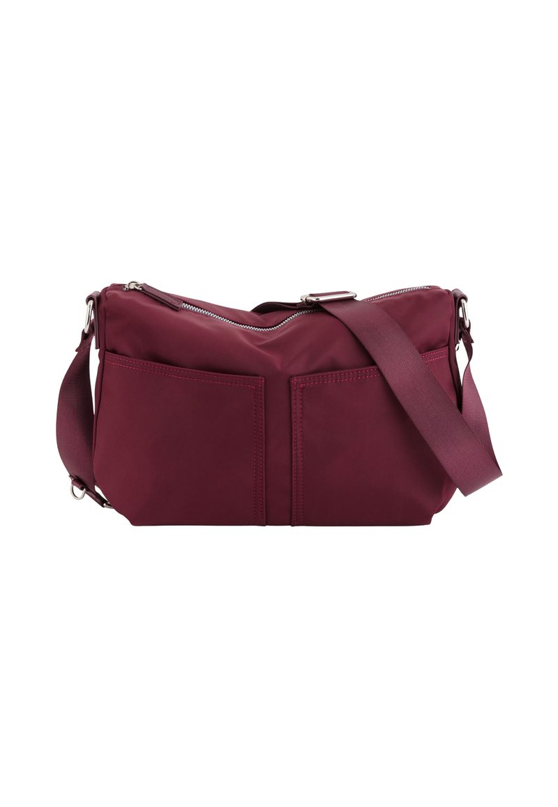 Bordeauxfarbene Nylon-Crossbody-Tasche mit zwei Fronttaschen, einem Reißverschluss und einem verstellbaren Riemen. Glatte Textur mit verstärkten Nähdetails.