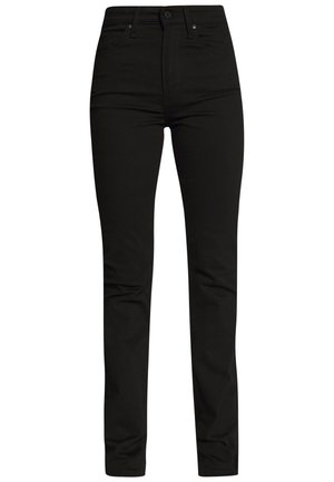 Pantalons noirs taille haute en tissu extensible, avec une coupe slim, un design à cinq poches et une fermeture à bouton métallique.
