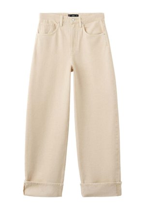 Beżowe, szerokie jeansy z wysokim stanem, przednimi kieszeniami, szlufkami na pasek, zapięciem na guzik i podwiniętymi mankietami.