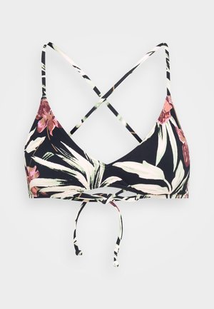Haut de bikini floral avec fond noir, décoré de motifs tropicaux roses et verts, avec des bretelles fines et un détail noué à l'avant.