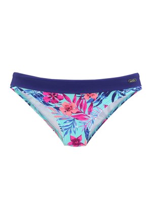 Blumiger Bikini-Unterteil mit einem türkisfarbenen Grundton und pinken sowie blauen botanischen Mustern, ergänzt durch einen dunkelblauen Bund und glatter Textur.