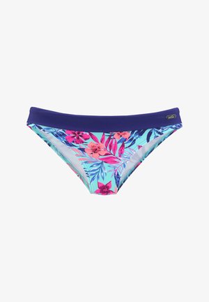 Blumiger Bikini-Unterteil mit einem türkisfarbenen Grundton und pinken sowie blauen botanischen Mustern, ergänzt durch einen dunkelblauen Bund und glatter Textur.