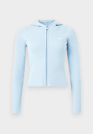 Hoodie zippé en maille côtelée bleu clair avec manches longues et petit logo brodé sur le côté gauche de la poitrine.