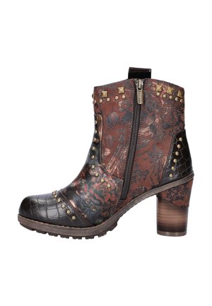 Ankle-high leather boot with floral patterns, black textured toe and heel, bronze studs, side zipper, and block heel.