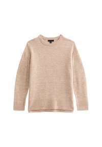 Maglione beige a girocollo realizzato in morbido tessuto texturizzato. Maniche lunghe con polsini e orlo a coste; vestibilità relaxed con leggere spaccature laterali.