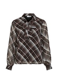 Brun och krämrutigt blus med en fluga vid halsen, gjord av ett lätt, halvgennomsiktigt tyg. Har långa, något puffiga ärmar.