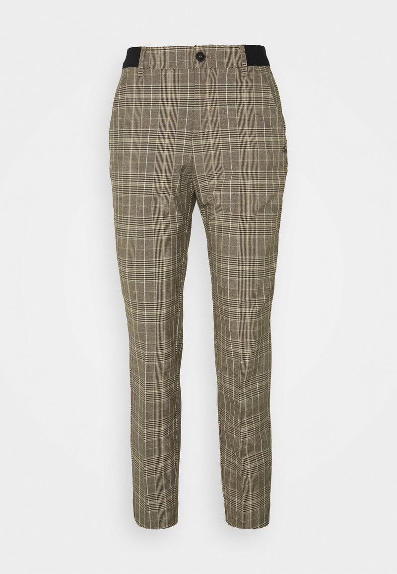 Pantalon à carreaux marron et beige, avec une ceinture noire, coupe slim et un motif texturé avec des lignes verticales et horizontales.
