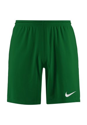 Groene sportshorts van lichtgewicht stof, met een elastische tailleband en een wit Nike-logo aan de onderkant van de rechter voorkant.