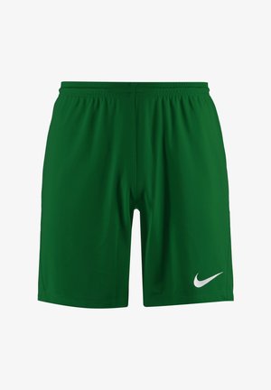 Groene sportshorts van lichtgewicht stof, met een elastische tailleband en een wit Nike-logo aan de onderkant van de rechter voorkant.