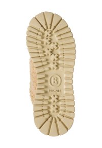 Světlé béžové gumové podešve s hlubokými vzory. Obsahuje kruhové logo a název značky "BOGNER" vylisované blízko středu.