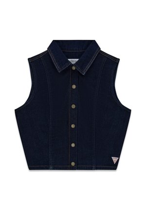 Veste sans manches en denim bleu marine avec un col pointu, cinq boutons métalliques sur le devant et un petit patch triangulaire du logo Guess près de l'ourlet.