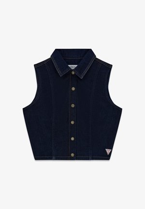 Mouwloos donkerblauw spijkervest met een puntige kraag, vijf metalen knopen aan de voorkant en een kleine driehoekige Guess-logo patch bij de zoom.