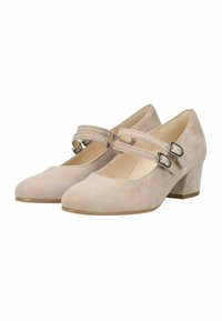 Beige suède Mary Jane-schoenen met een lage blokhak, voorzien van gekruiste bandjes en zilveren gespen voor een veilige pasvorm en stijlvolle uitstraling.