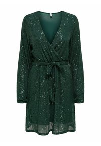 Zeleni bleščasti zavojni plašč z dolgimi rokavi, globokim V-izrezom in zavezanim pasom. Ima teksturirano tkanino in se blešči z reflektivnimi bleščicami.