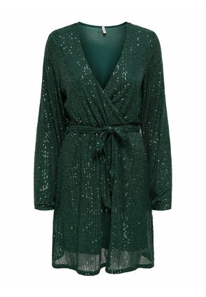 Vestido envolvente verde con lentejuelas, de mangas largas, escote en V profundo y cinturón de lazo. Presenta una tela texturizada y brilla con lentejuelas reflectantes.