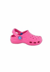 Pink rubber clog with ventilation holes, back strap, and blue button detail. Features a rounded toe and textured footbed for comfort.