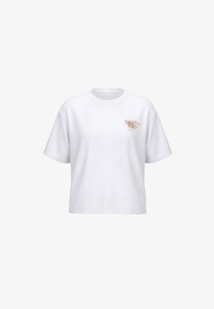 Wit T-shirt met korte mouwen met een kleine afbeelding van een egel en de tekst “Spirited Pink” op de linkerborst, getoond op een effen achtergrond.