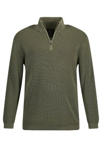 Olijfgroene zip-up trui met lange mouwen, geribbelde textuur en een opstaande kraag. Heeft een rits van een kwart lengte bij de hals.