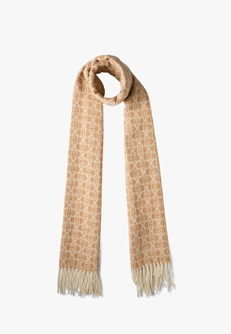 Tan patterned scarf featuring a repeating design, with fringed ends. Made of soft fabric, showing a subtle sheen and texture.