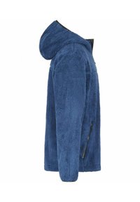 Giacca in pile blu con cappuccio, superficie testurizzata e tasche laterali con zip. Presenta una vestibilità comoda e polsini elasticizzati.
