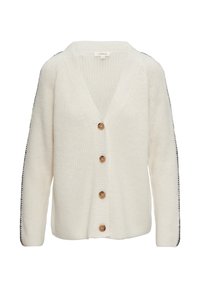Kremowy kardigan z dekoltem w serek, pięcioma brązowymi guziczkami oraz dzianiną o fakturze. Czarne przeszycia zdobią rękawy, dodając szczegółowego wykończenia.