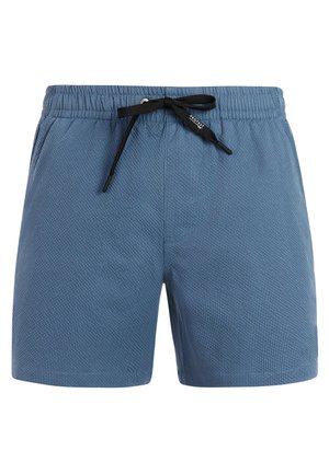 Costume da bagno da uomo blu con trama, dotato di vita elasticizzata e coulisse nera annodata a fiocco sul davanti.