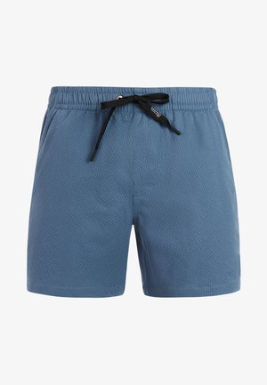 Costume da bagno da uomo blu con trama, dotato di vita elasticizzata e coulisse nera annodata a fiocco sul davanti.