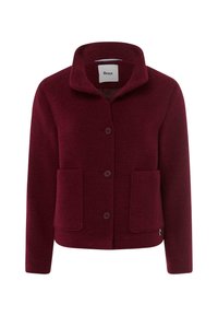 Giacca intrecciata bordeaux con colletto, chiusura frontale a bottoni e due tasche applicate. Presenta un tessuto texturizzato e dettagli di design discreti.