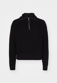 Schwarzer gestrickter Pullover mit hohem Kragen und halbem Reißverschluss. Verfügt über ein strukturiertes Rippdesign und enganliegende Bündchen, cropped Länge.