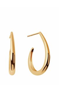 Złote kolczyki w kształcie dużych kółek o smukłym kształcie kropli i wypolerowanej powierzchni. Wyposażone w zawiasowy zamek, zapewniający bezpieczne noszenie.