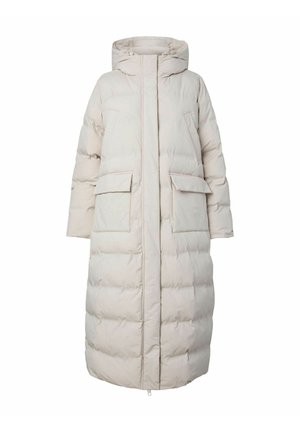 Padded long coat in light beige with a hood, zip front closure, two large front pockets, and a quilted texture.