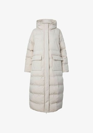 Padded long coat in light beige with a hood, zip front closure, two large front pockets, and a quilted texture.