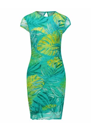 Dopasowana sukienka do kolan z krótkimi rękawkami typu cap, morska baza i zielono-żółty tropikalny nadruk z liśćmi, z małym tylnym zapięciem na guzik i otworem.