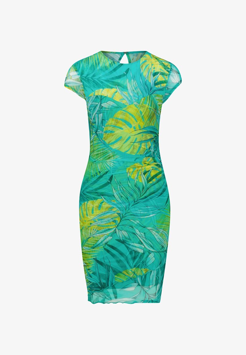 Robe ajustée longueur genou avec manches courtes, base bleu sarcelle, imprimé feuilles tropicales vertes et jaunes, dotée d'une petite ouverture boutonnière au dos.