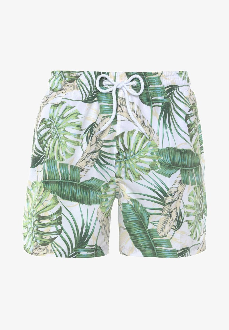 Zwemshorts van lichtgewicht stof met een witte achtergrond en groene tropische bladerenpatronen. Elastische tailleband met trekkoord.