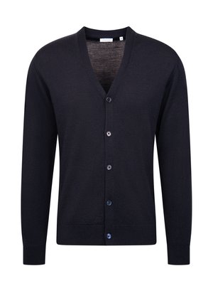 Dunkelmarineblaues Langarmhemd mit Knopfleiste und V-Ausschnitt, gerippte Bündchen und Saum, flach auf einem weißen Hintergrund präsentiert.
