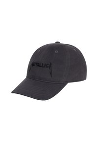 Black cotton baseball cap featuring a raised, embroidered "Metallica" logo at the front, with a curved brim and adjustable strap.