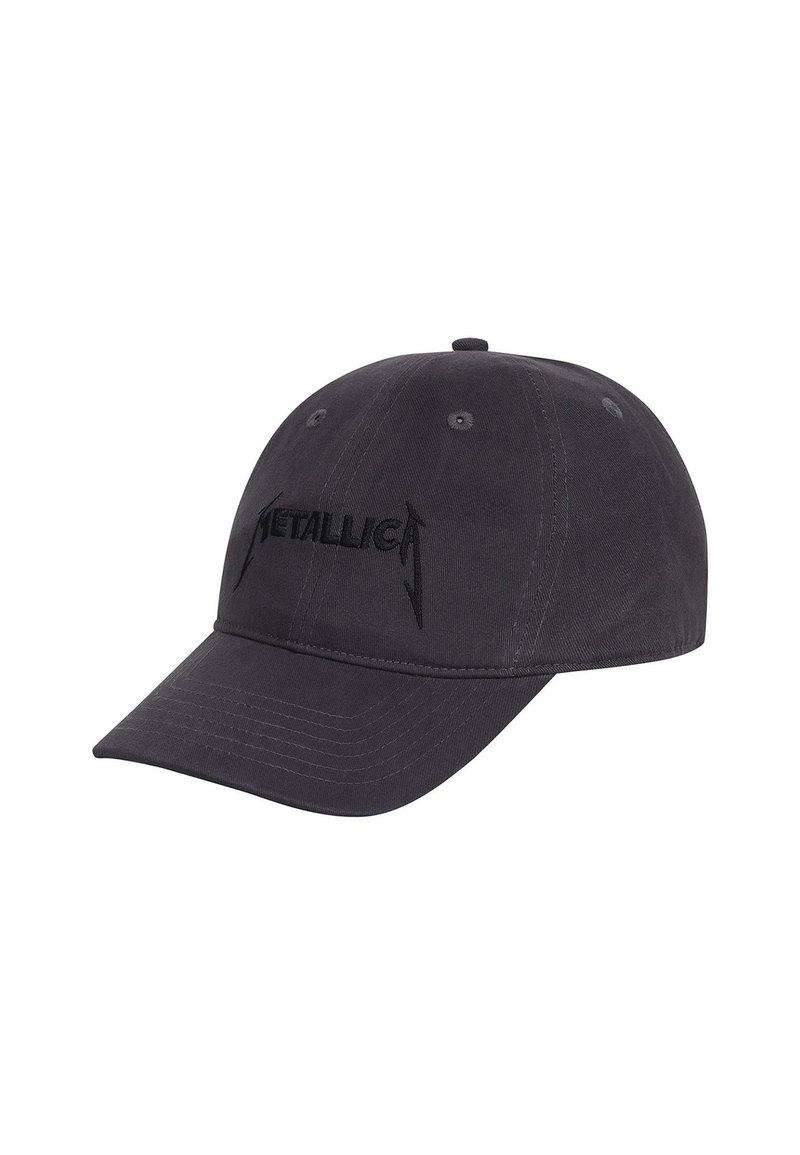 Black cotton baseball cap featuring a raised, embroidered "Metallica" logo at the front, with a curved brim and adjustable strap.