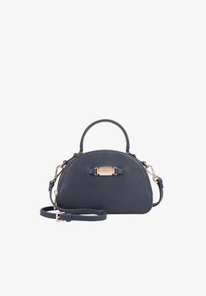 Kleine donkerblauwe lederen handtas met afgeronde bovenkant, gouden beslag, korte handgreep en afneembare, verstelbare schouderriem.